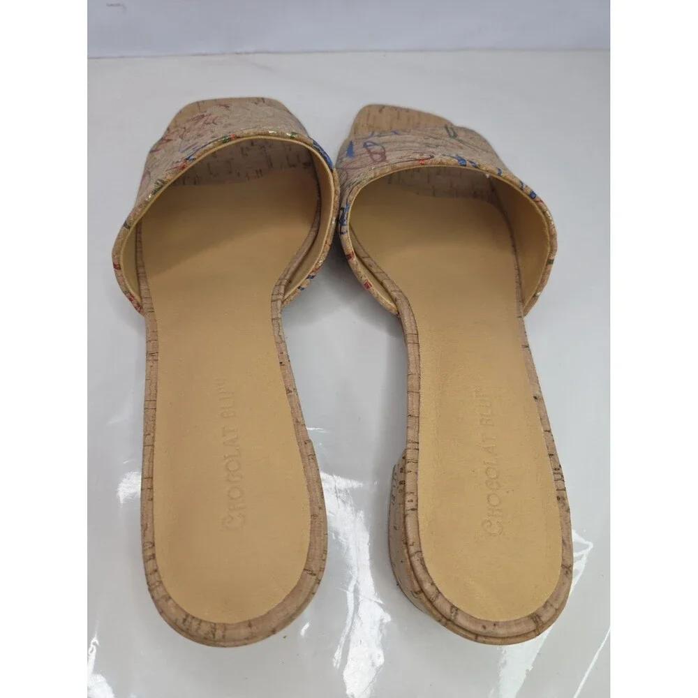 Chocolat Blu Cindy Cork Sandals Paint Splatter Graffiti Heeled Mules Sz 9 NWOB